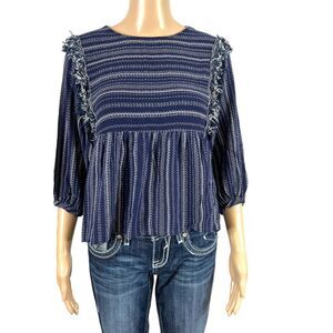 Blue Rain Womens Peasant Top Shirt Striped Woven Tweed Strappy Back Blue White